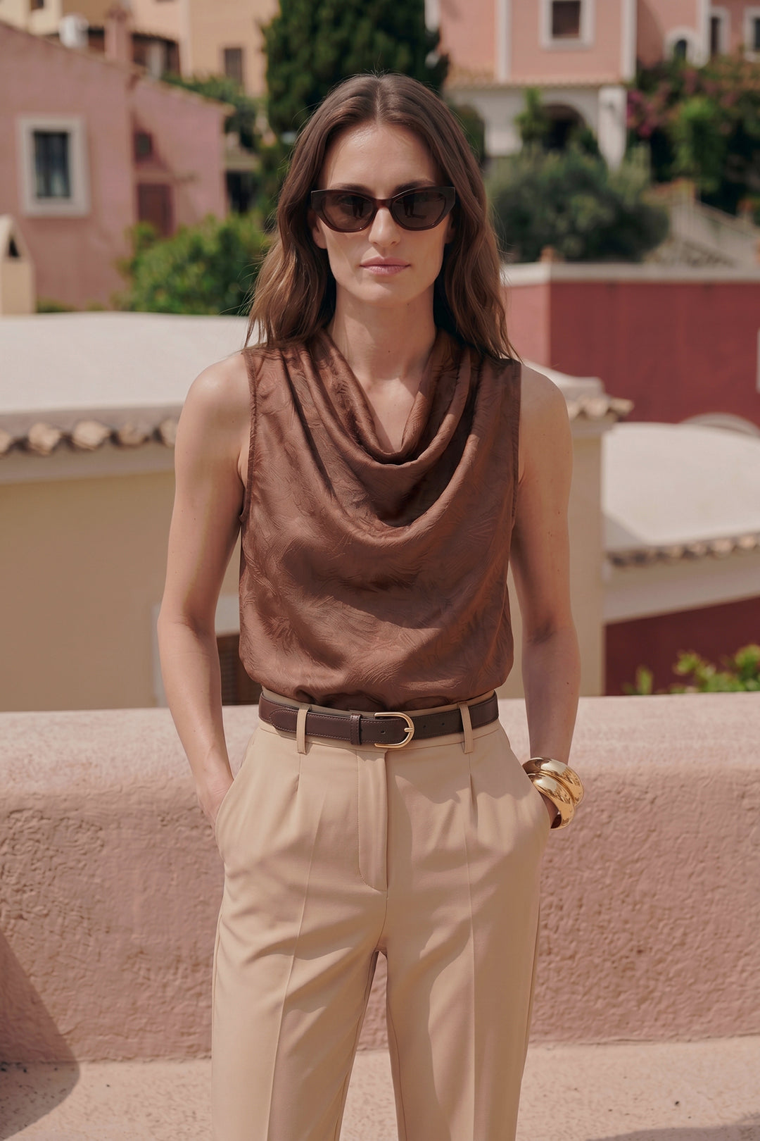 Sateen Blouse en Satin à Col Dégagé - Clair Marron