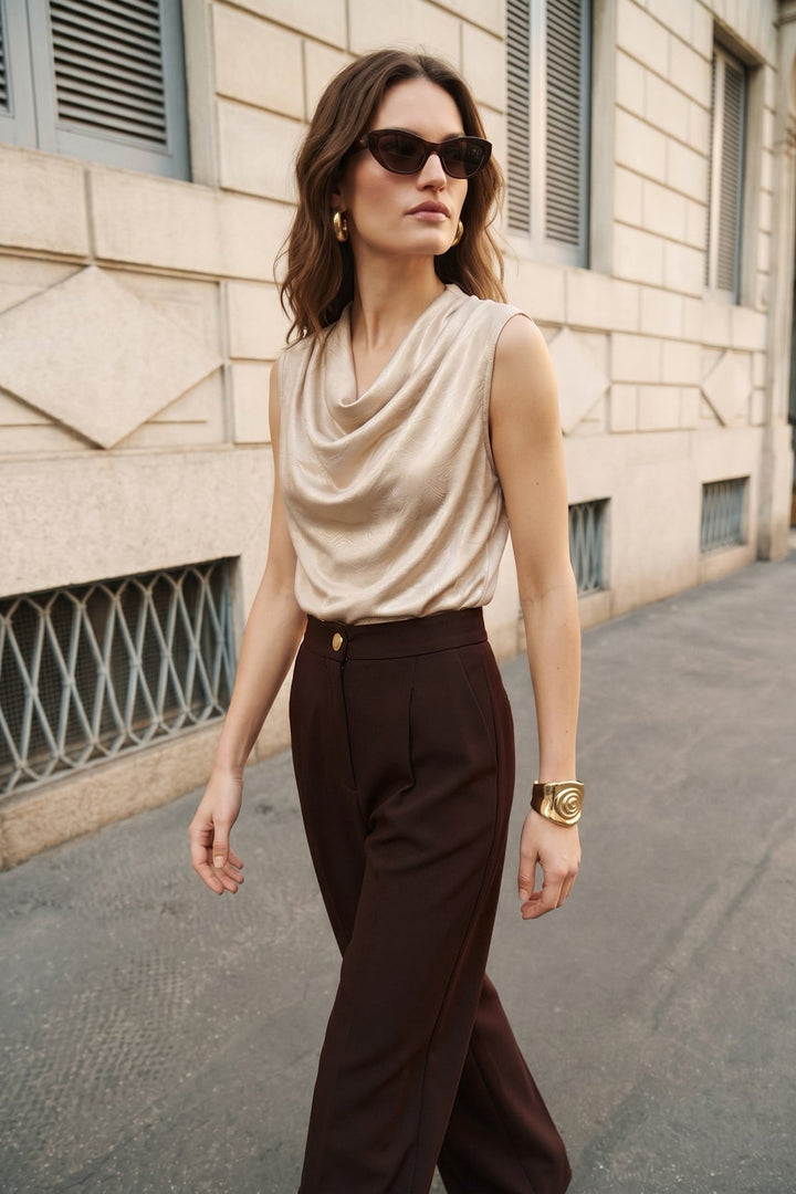 Sateen Débardeur Satiné Col Bateau - Beige