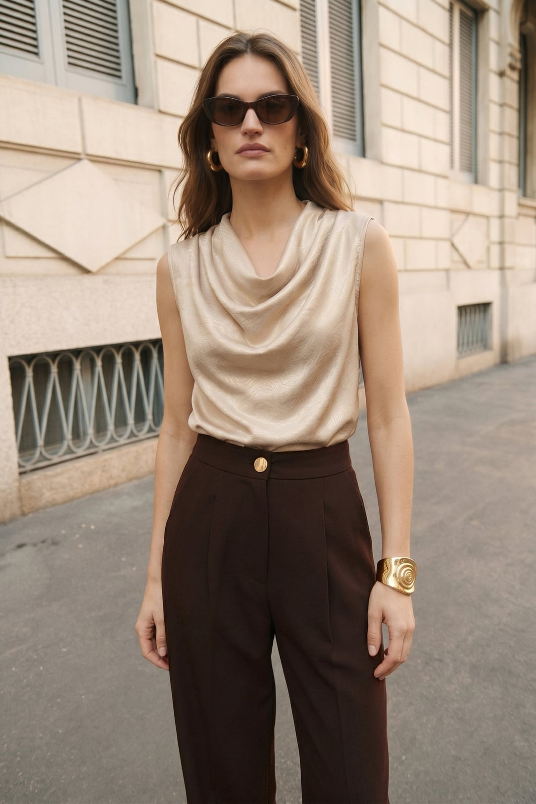 Sateen Débardeur Satiné Col Bateau - Beige