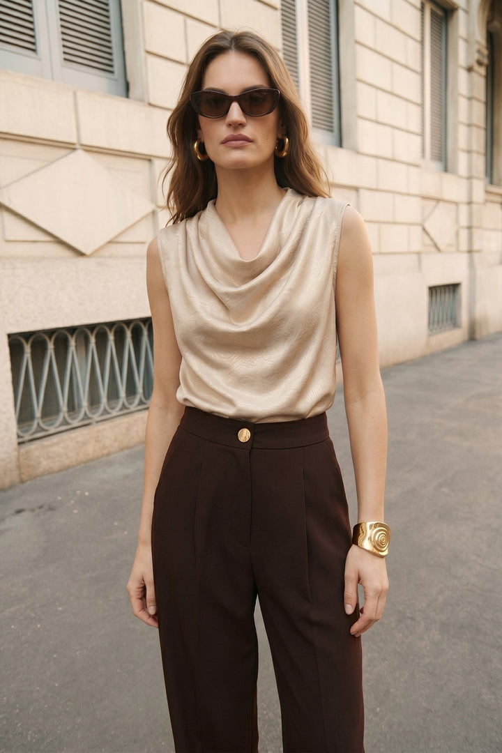 Sateen Débardeur Satiné Col Bateau - Beige