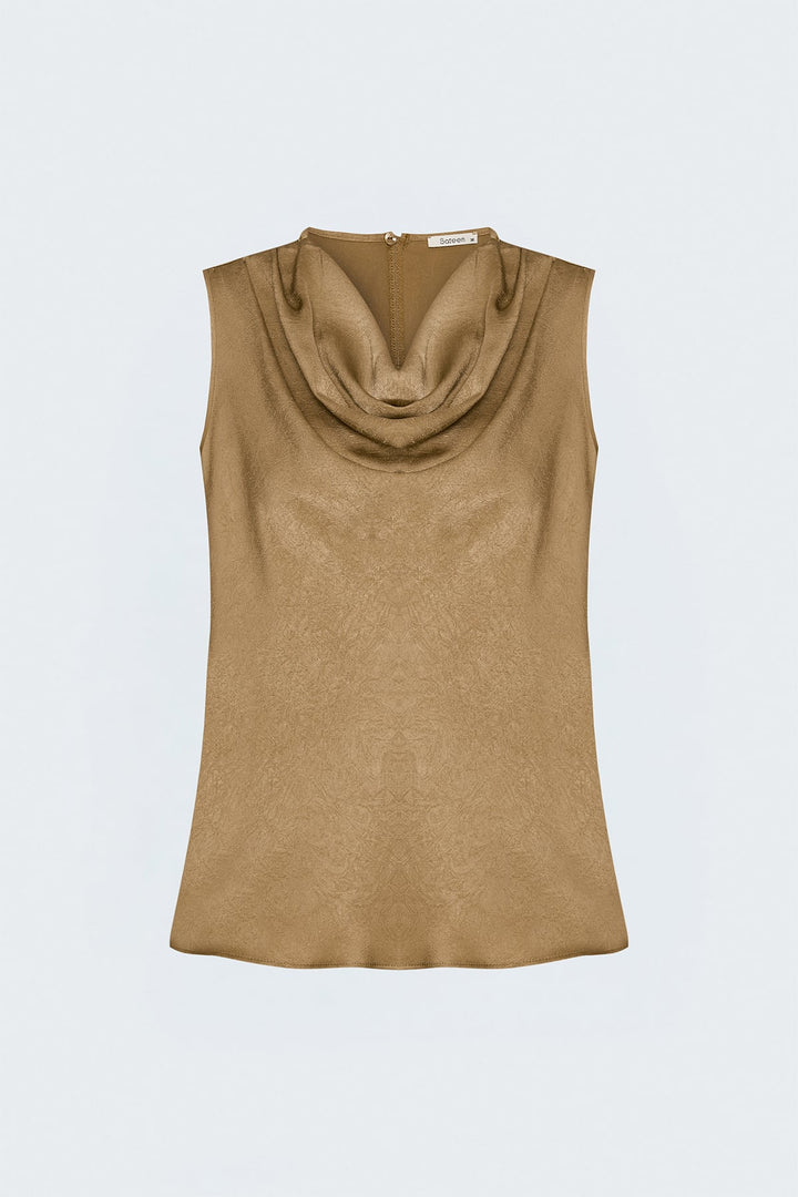 Sateen Blouse en satin à col dégagé - Camel