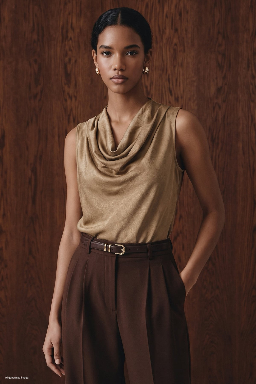 Sateen Blouse en satin à col dégagé - Camel