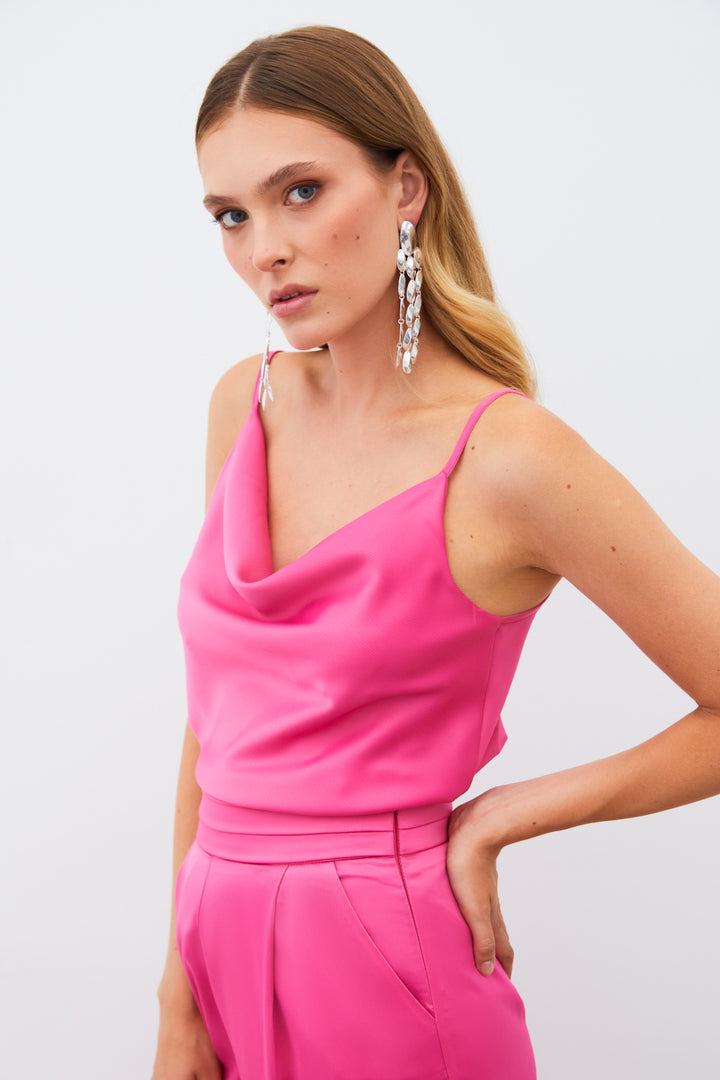 Sateen Blouse en satin à col dégagé - Fuchsia
