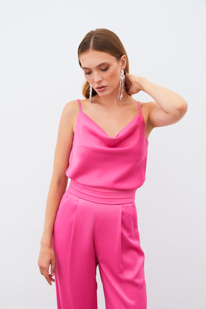 Sateen Blouse en satin à col dégagé - Fuchsia