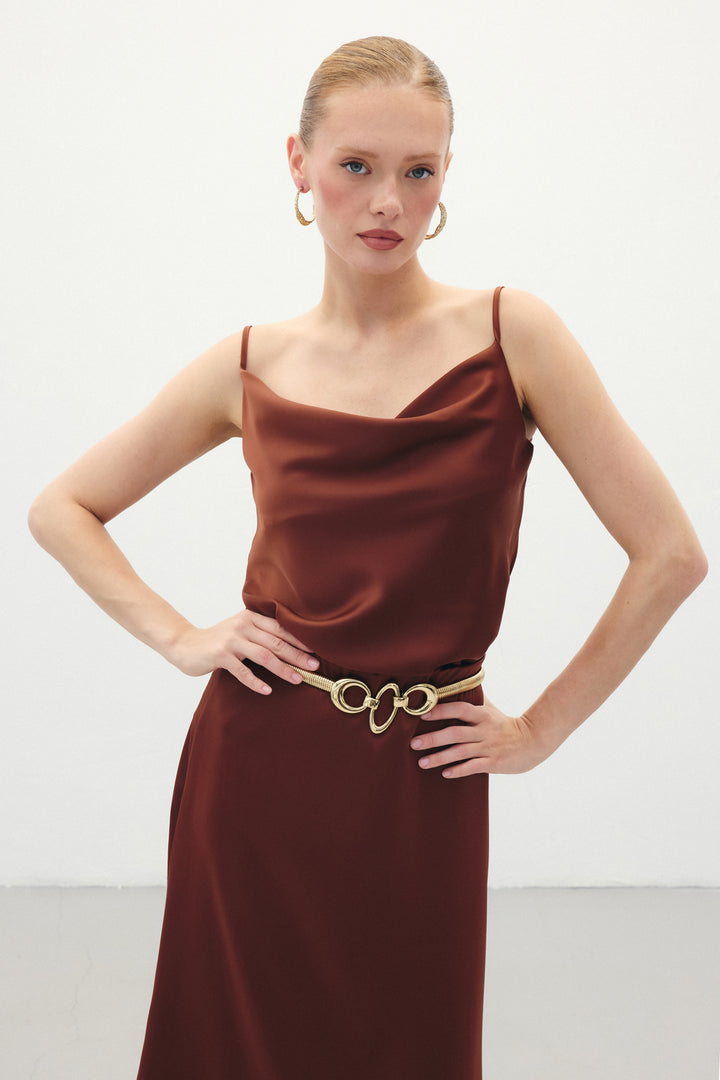 Sateen Blouse en satin à col dégagé - Marron
