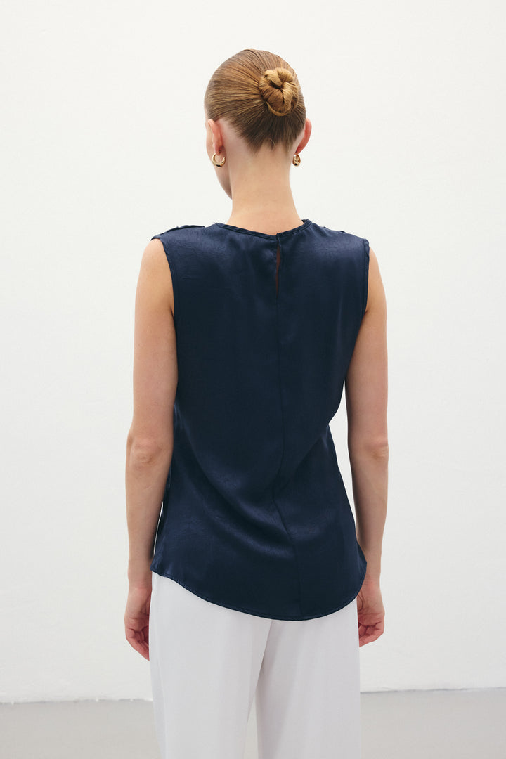 Sateen Blouse en satin à col dégagé - Bleu marine