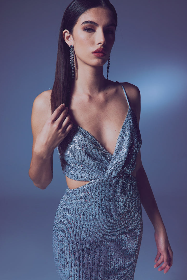 Sateen Robe pailletée décolletée - Argent