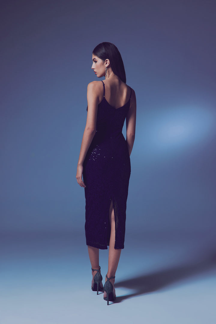 Sateen Robe pailletée décolletée - Bleu marine