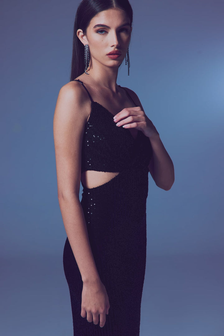Sateen Robe à paillettes décolletée - Noir