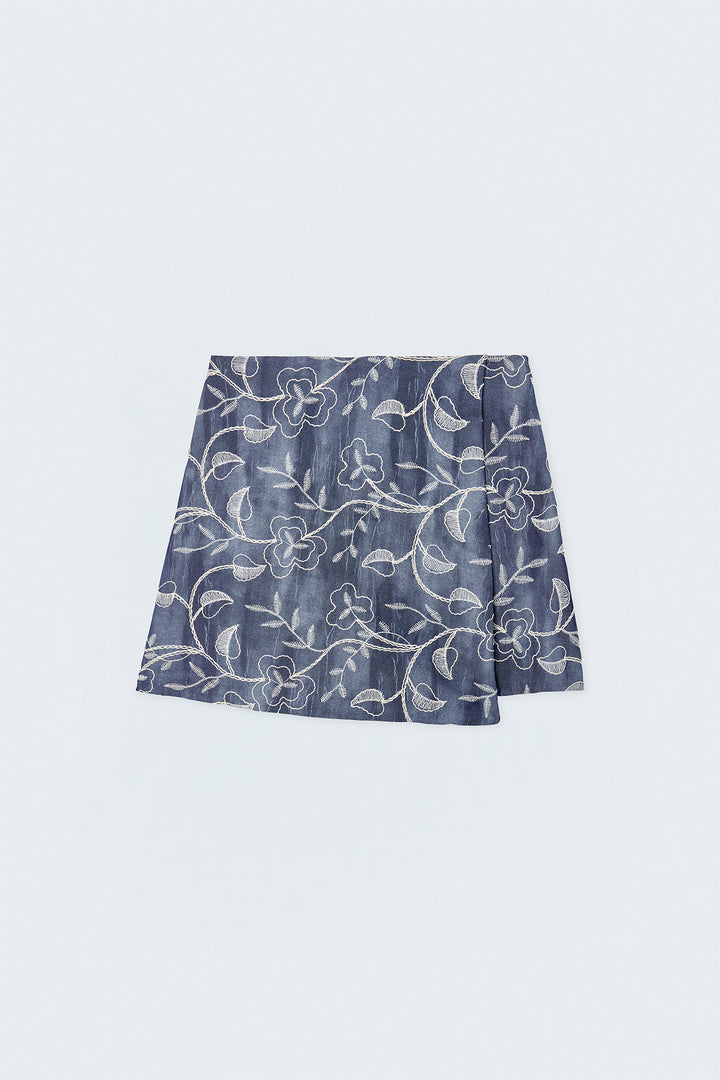Sateen Jupe Courte Brodée en Denim - Bleu marine