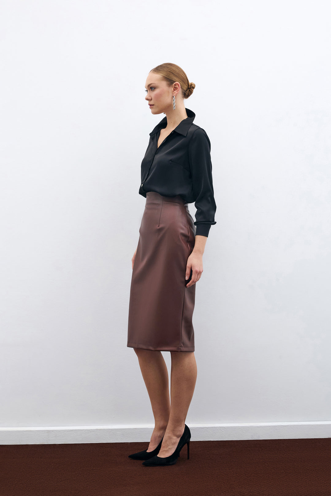 Sateen Jupe crayon en cuir - Marron