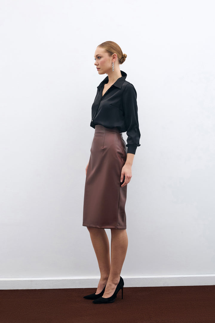 Sateen Jupe crayon en cuir - Marron