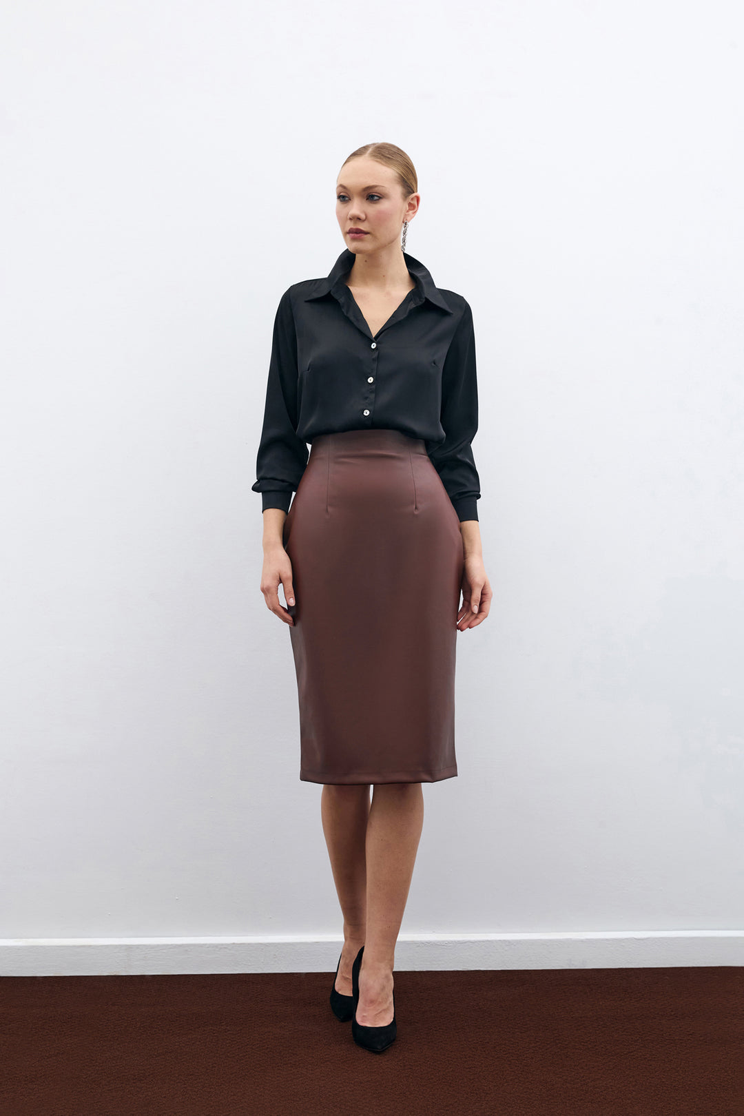 Sateen Jupe crayon en cuir - Marron