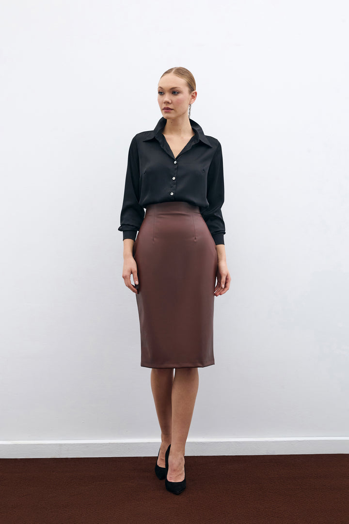 Sateen Jupe crayon en cuir - Marron