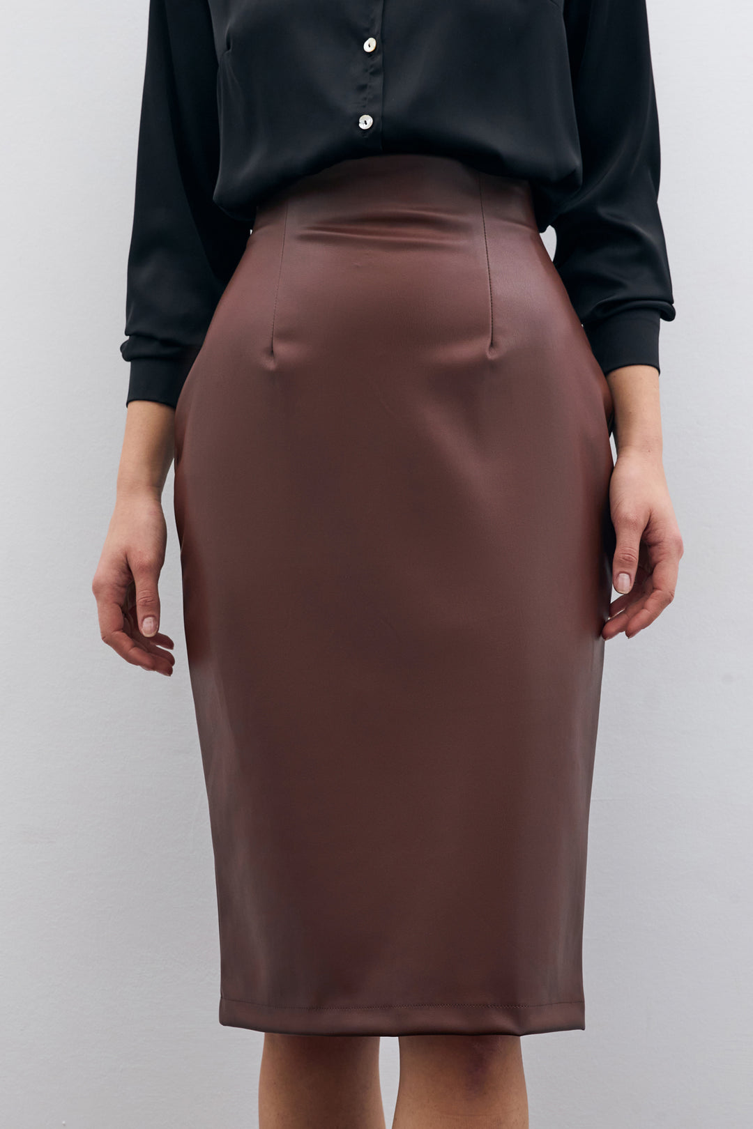 Sateen Jupe crayon en cuir - Marron