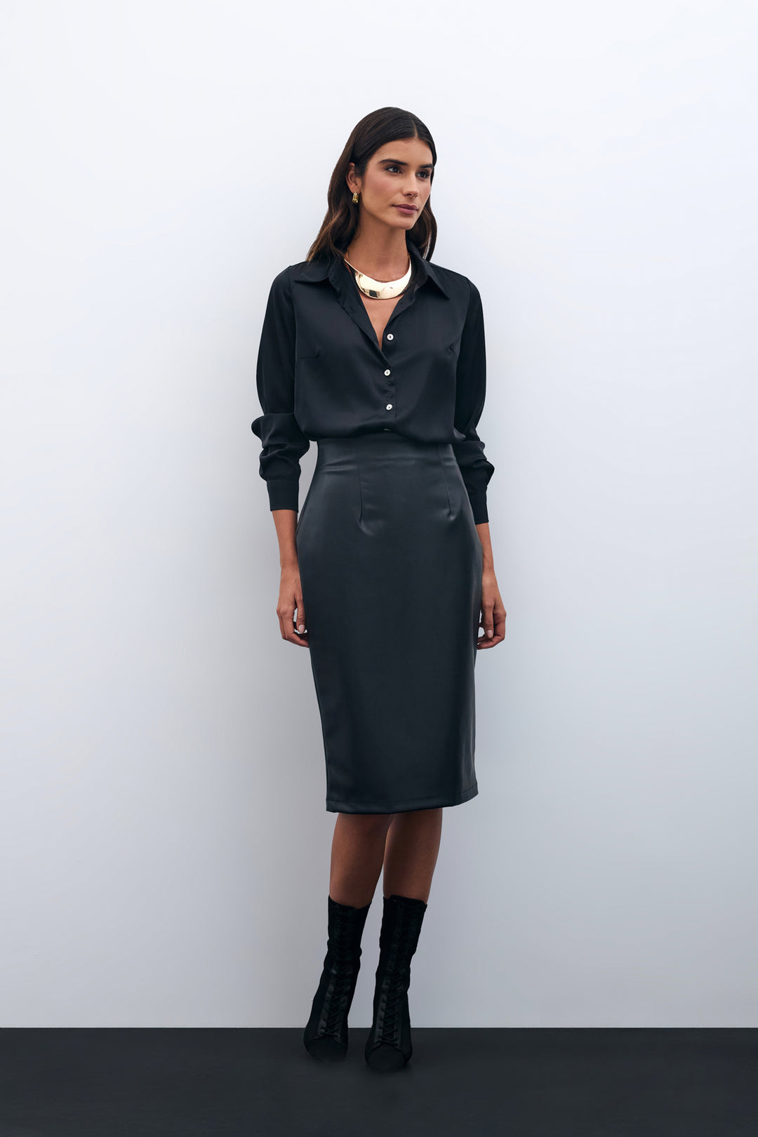Sateen Jupe crayon en cuir - Noir