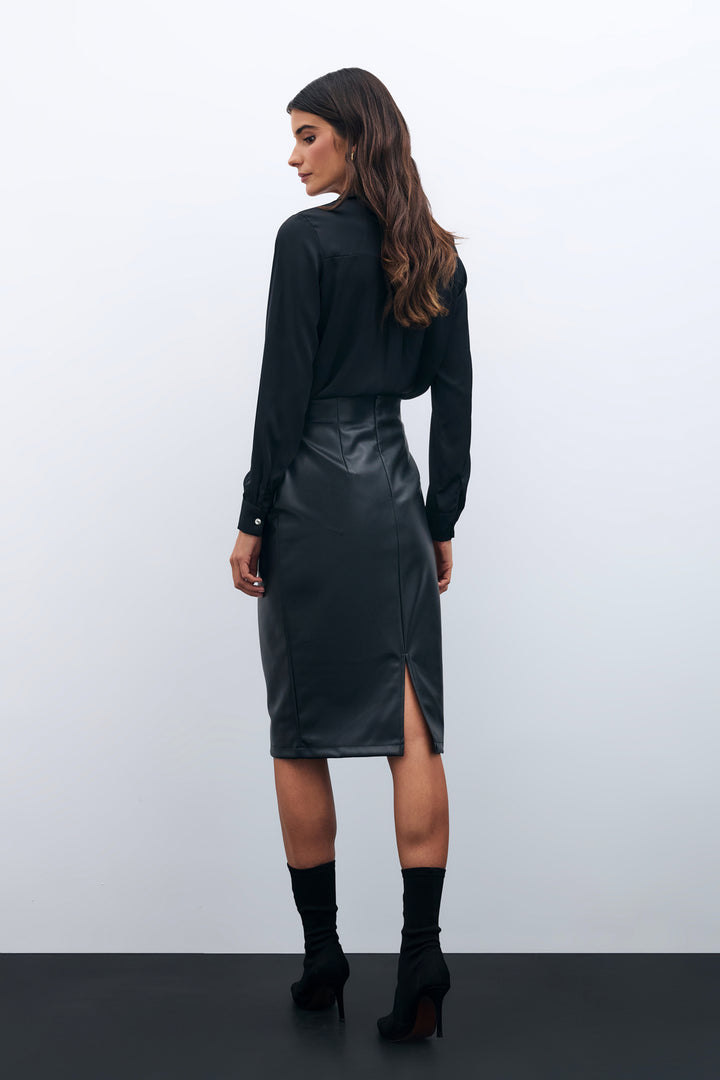 Sateen Jupe crayon en cuir - Noir