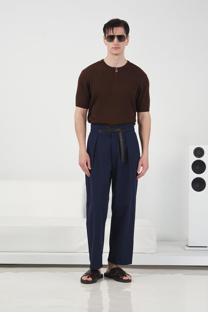 Giesto Pantalon bleu marine classique avec ceinture en cuir - Bleu marine