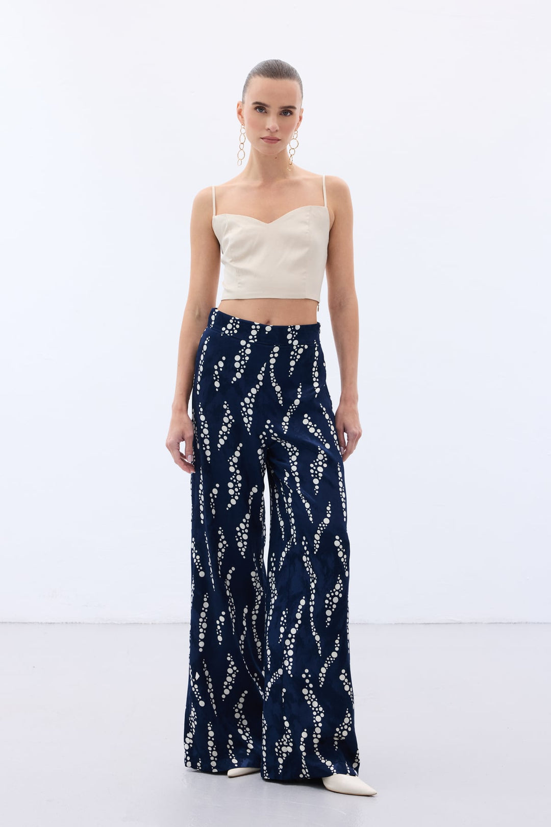 Sateen Pantalon Large Imprimé - Bleu marine