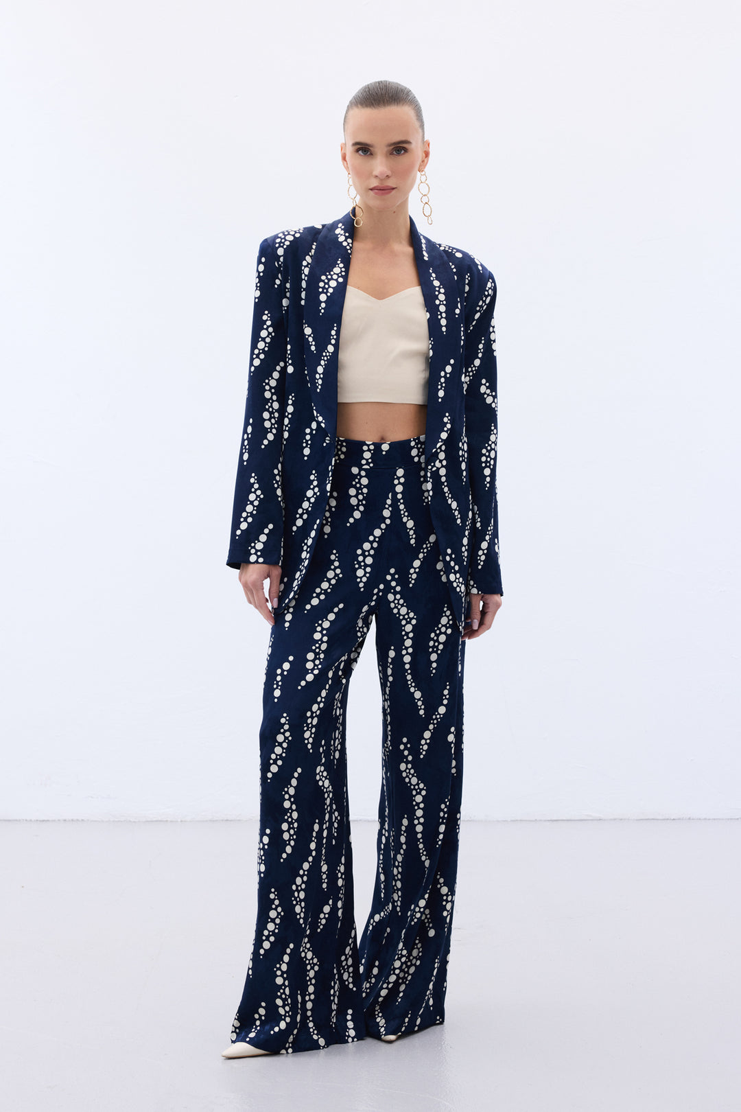 Sateen Pantalon Large Imprimé - Bleu marine