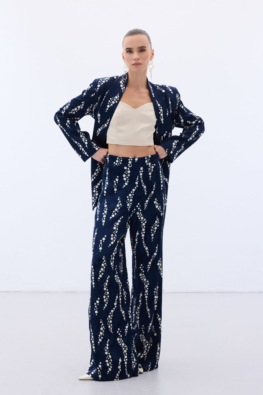 Sateen Pantalon Large Imprimé - Bleu marine