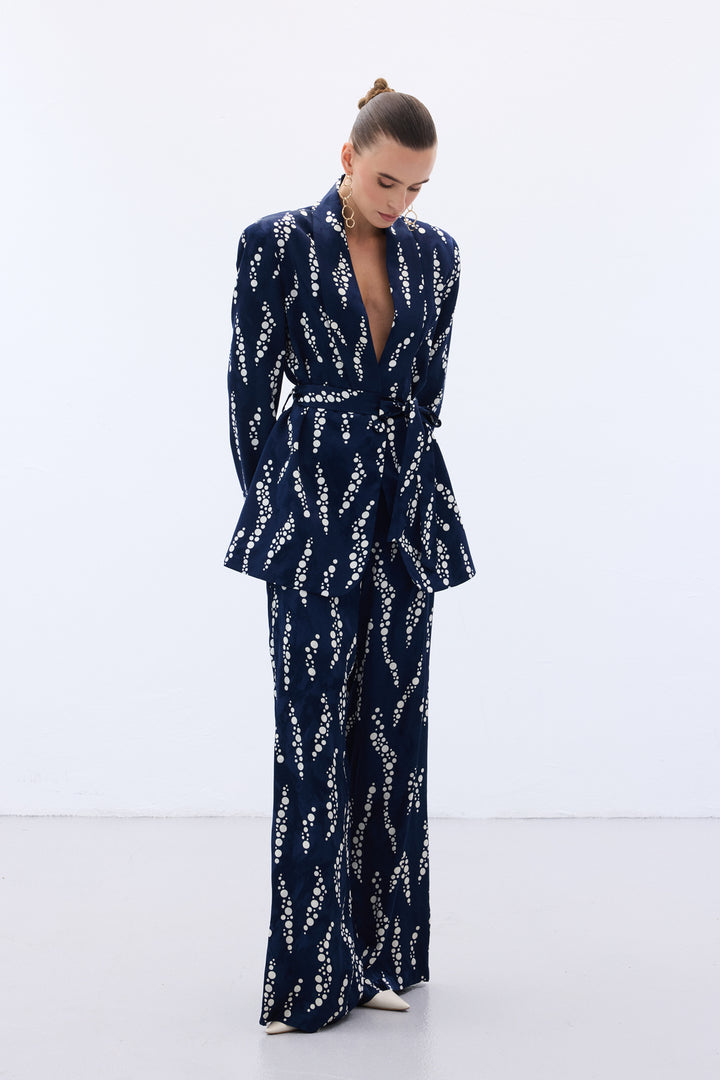Sateen Pantalon Large Imprimé - Bleu marine