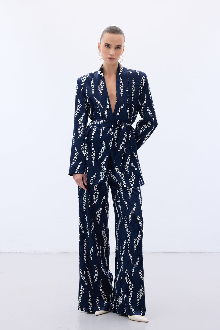 Sateen Pantalon Large Imprimé - Bleu marine