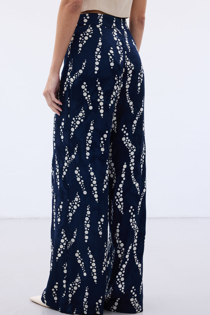 Sateen Pantalon Large Imprimé - Bleu marine