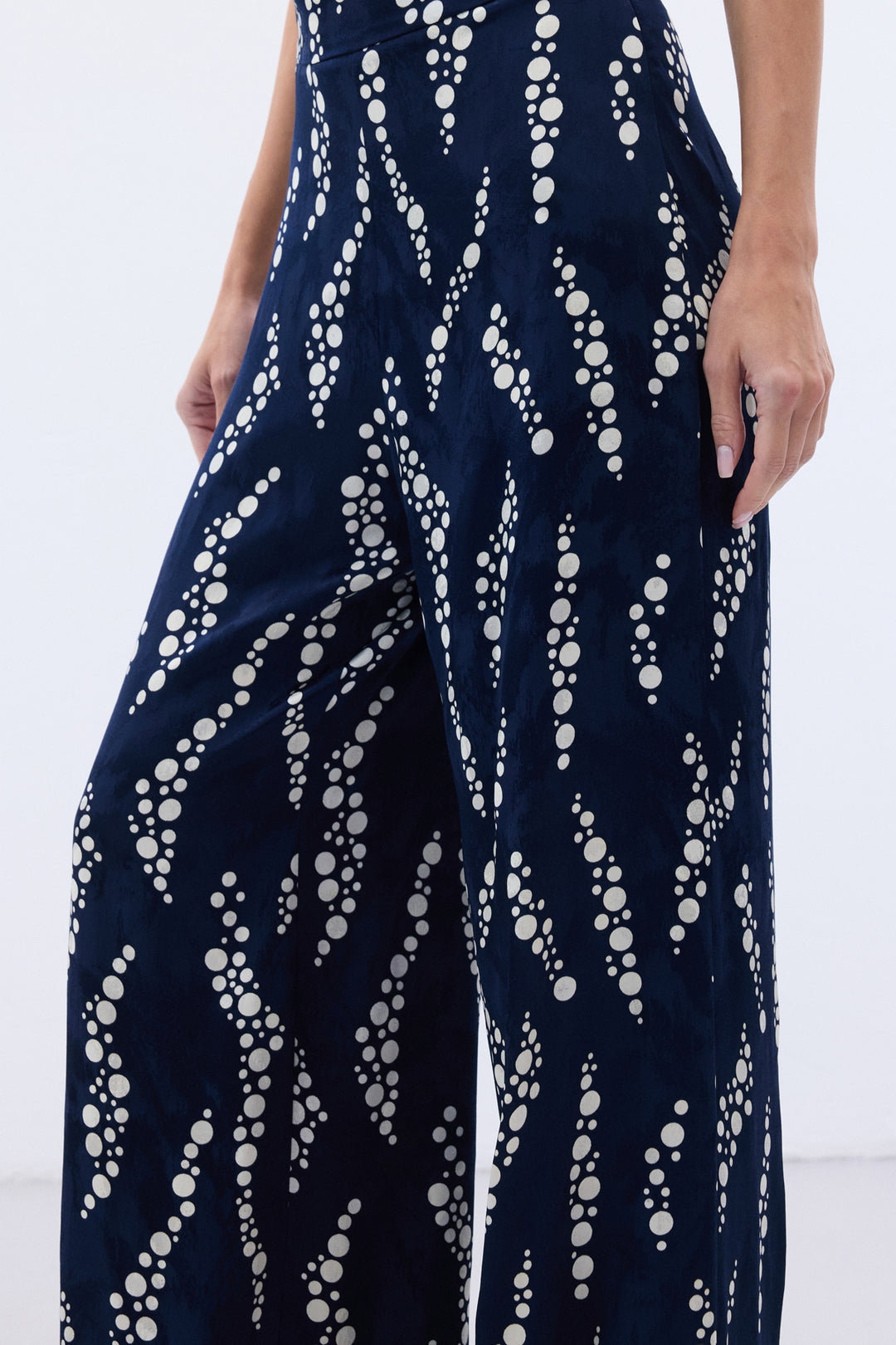 Sateen Pantalon Large Imprimé - Bleu marine