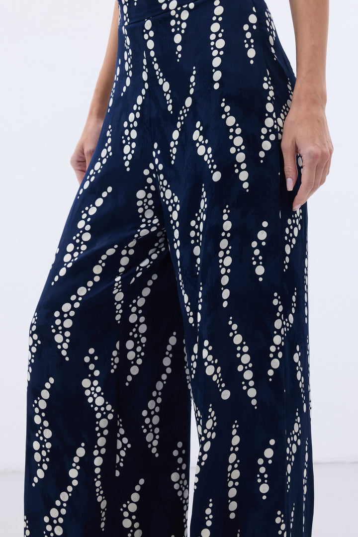 Sateen Pantalon Large Imprimé - Bleu marine