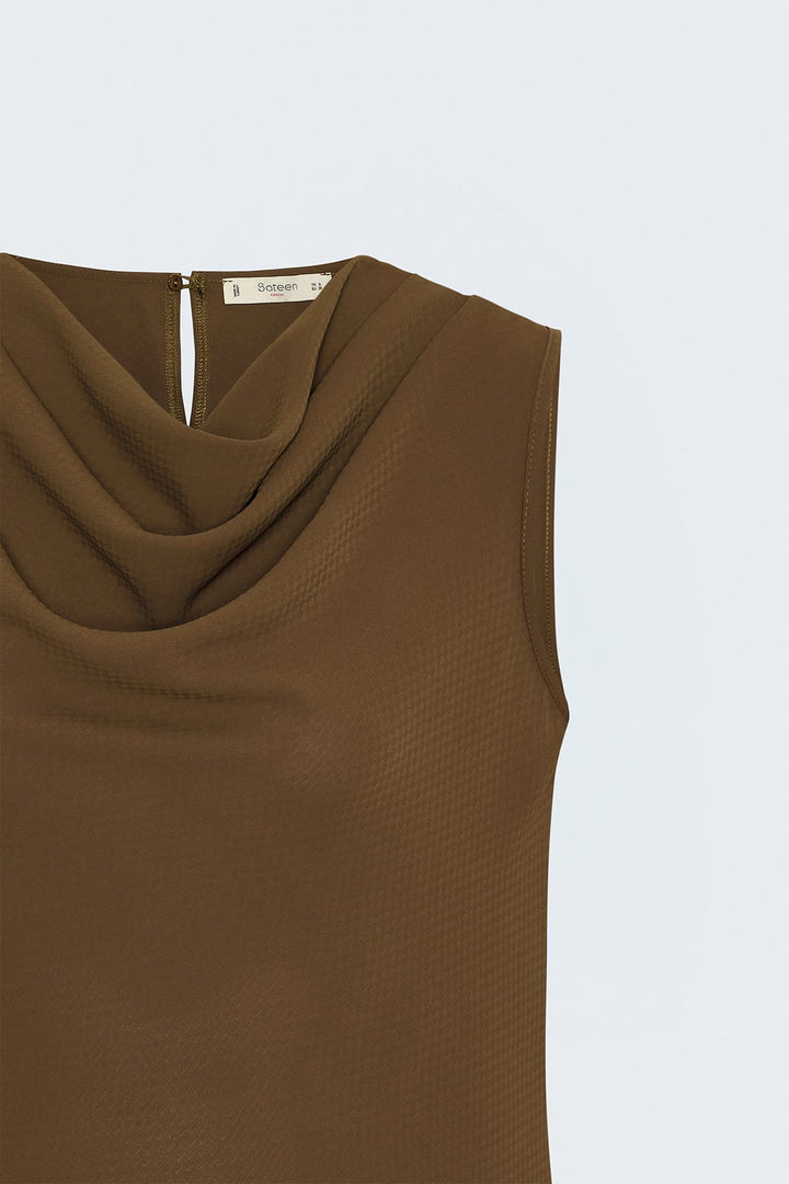 Sateen Blouse Col Degagé Imprimée - Marron