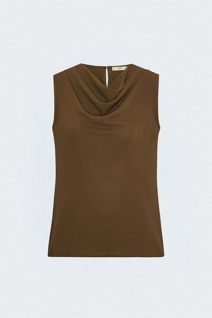 Sateen Blouse Col Degagé Imprimée - Marron
