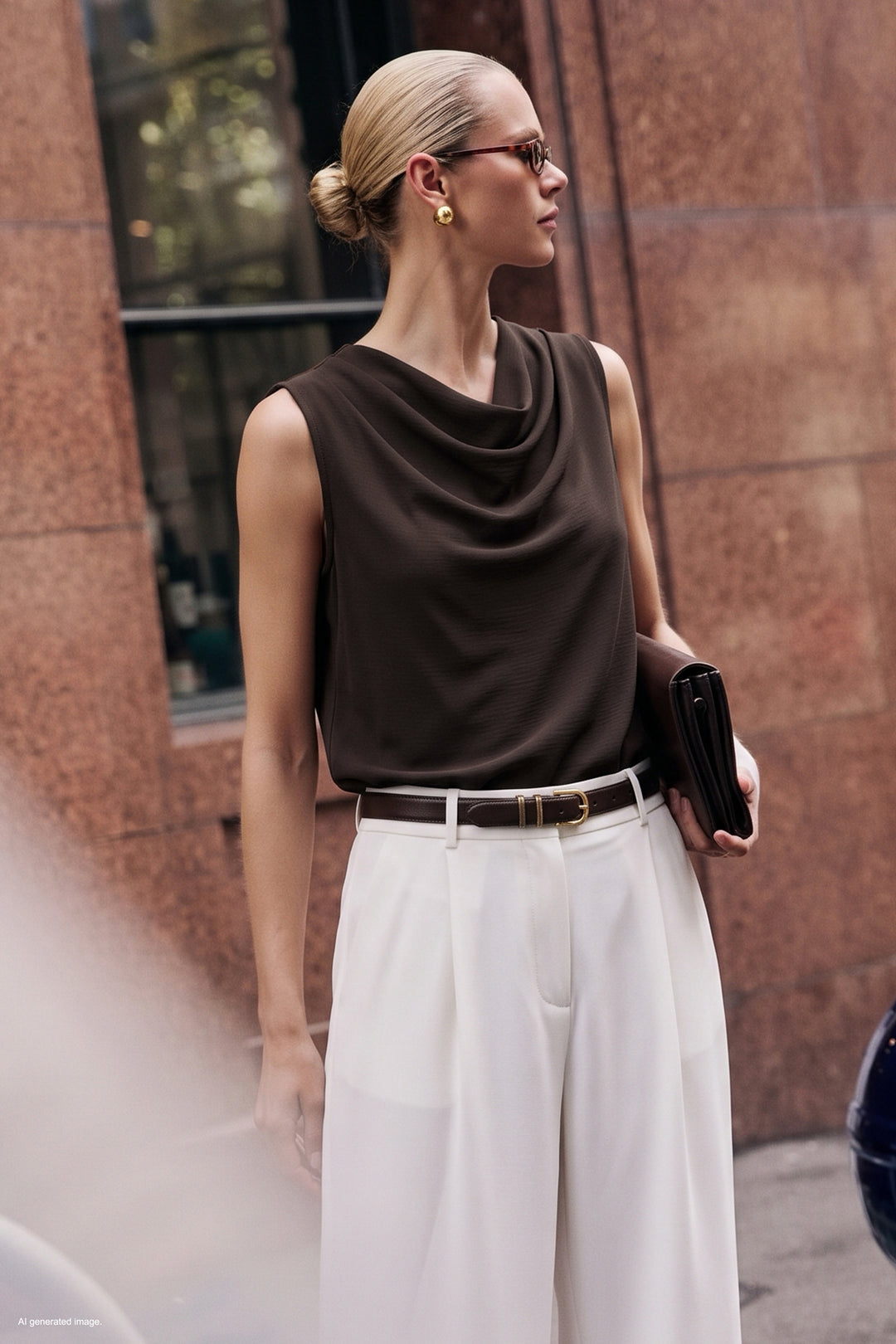 Sateen Blouse Col Degagé Imprimée - Foncé Marron