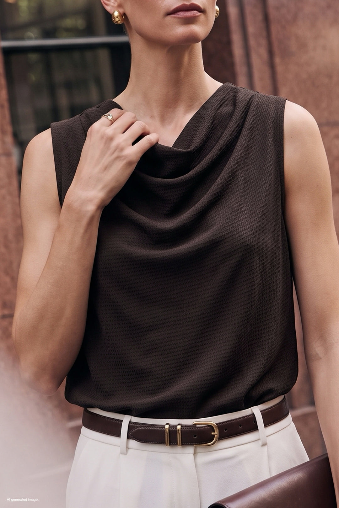 Sateen Blouse Col Degagé Imprimée - Foncé Marron