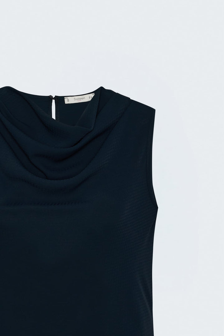 Sateen Blouse Col Degagé Imprimée - Bleu marine