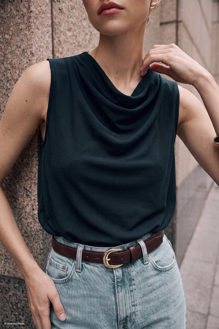 Sateen Blouse Col Degagé Imprimée - Bleu marine