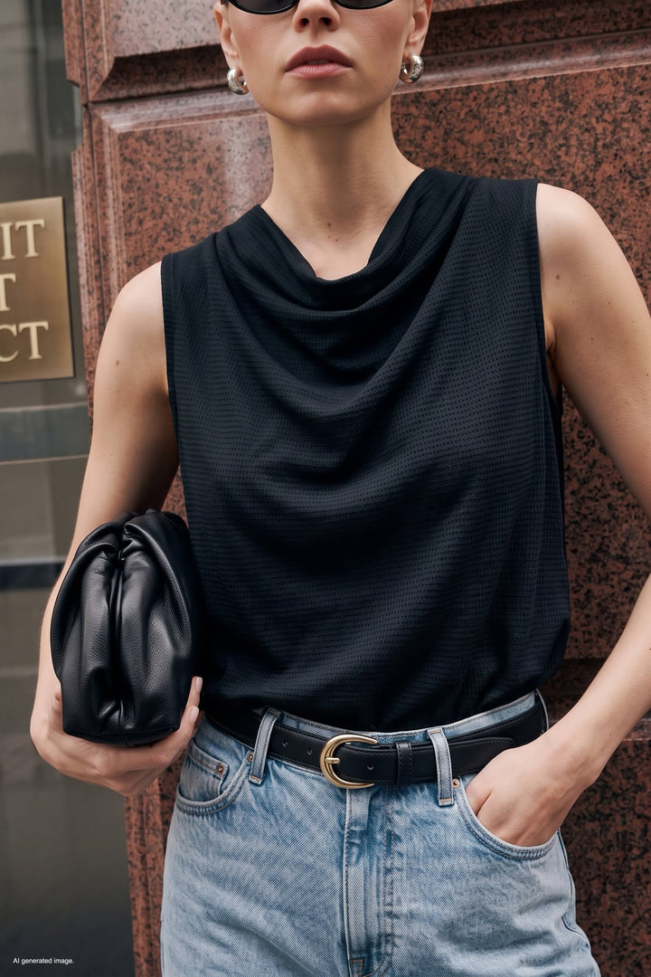 Sateen Blouse Col Degagé Imprimée - Noir