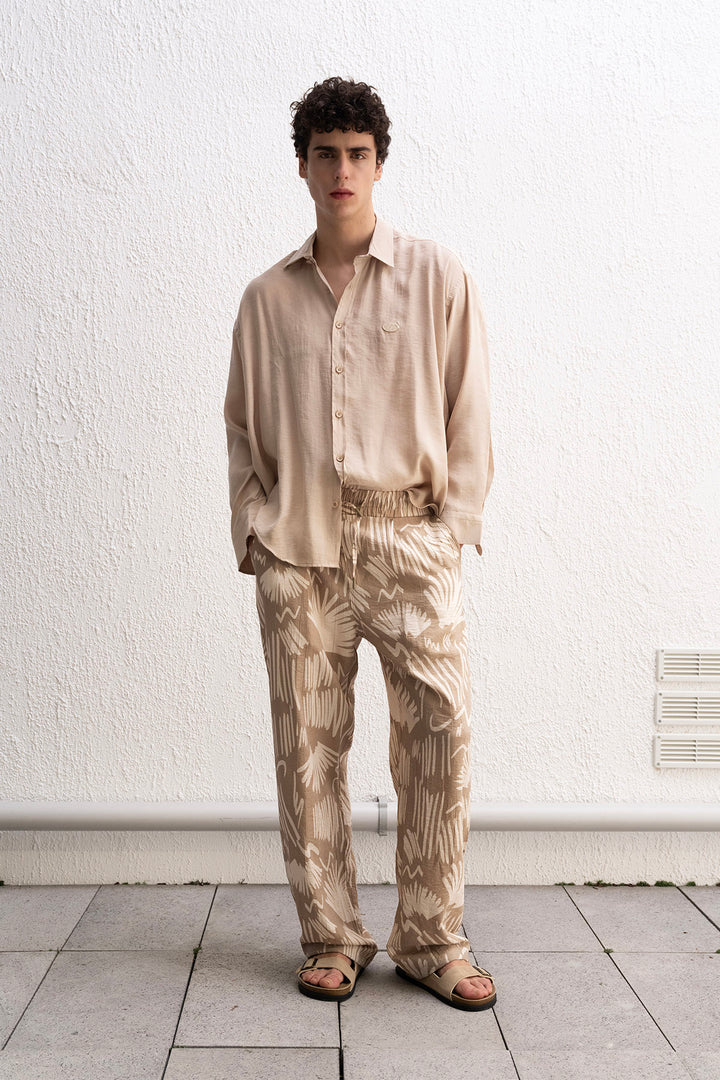 Giesto Pantalon Beige Fluide à Motif - Beige