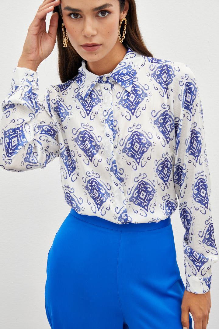 Sateen Chemise unie à motifs - sax Bleu