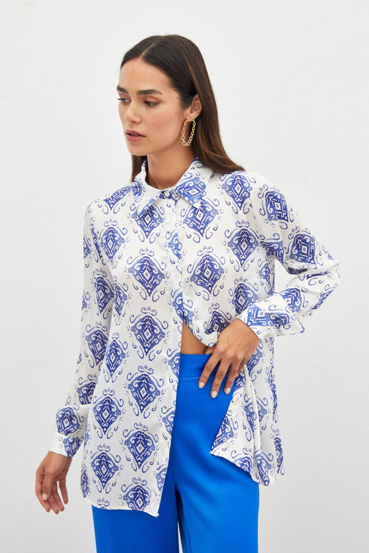 Sateen Chemise unie à motifs - sax Bleu