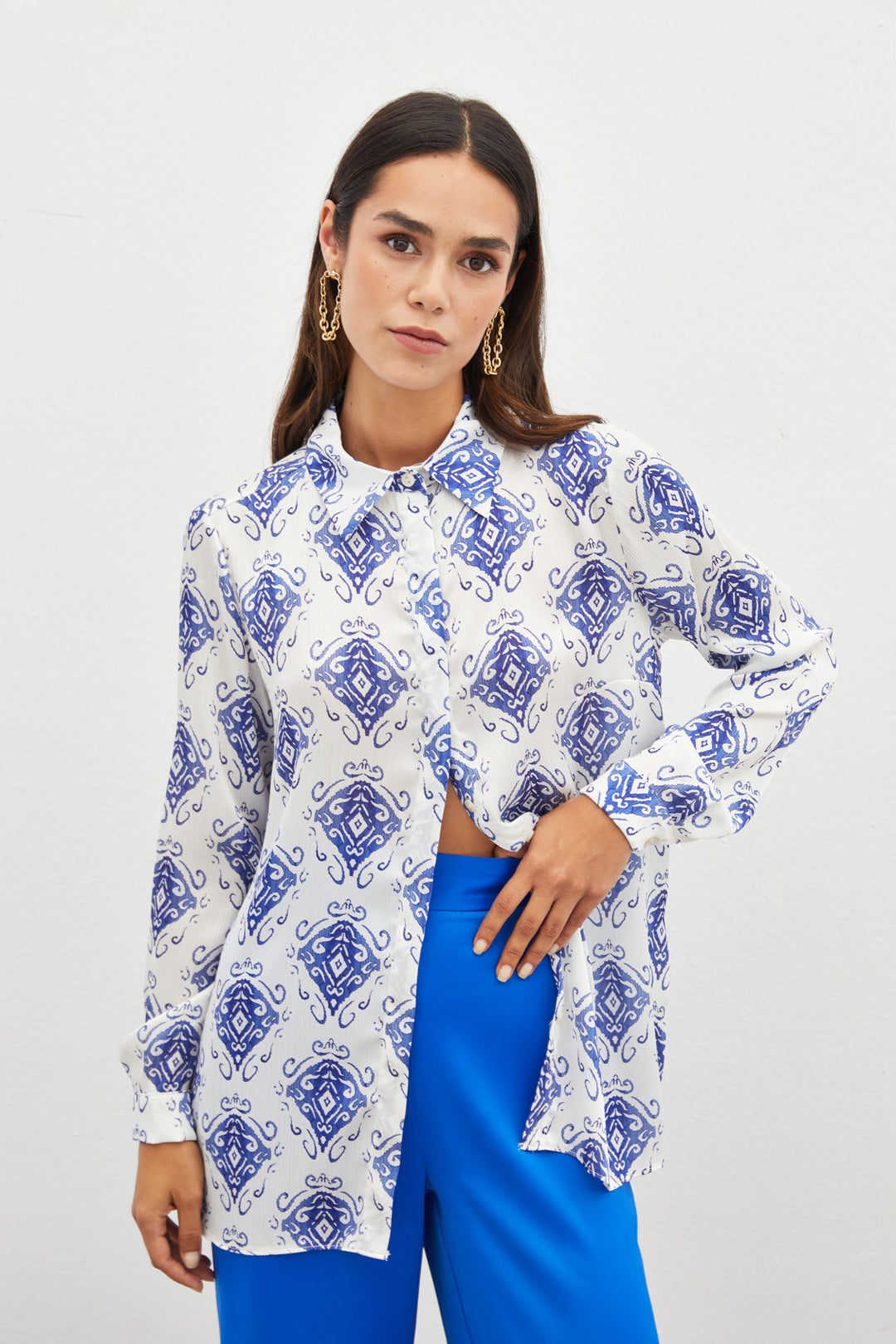 Sateen Chemise unie à motifs - sax Bleu