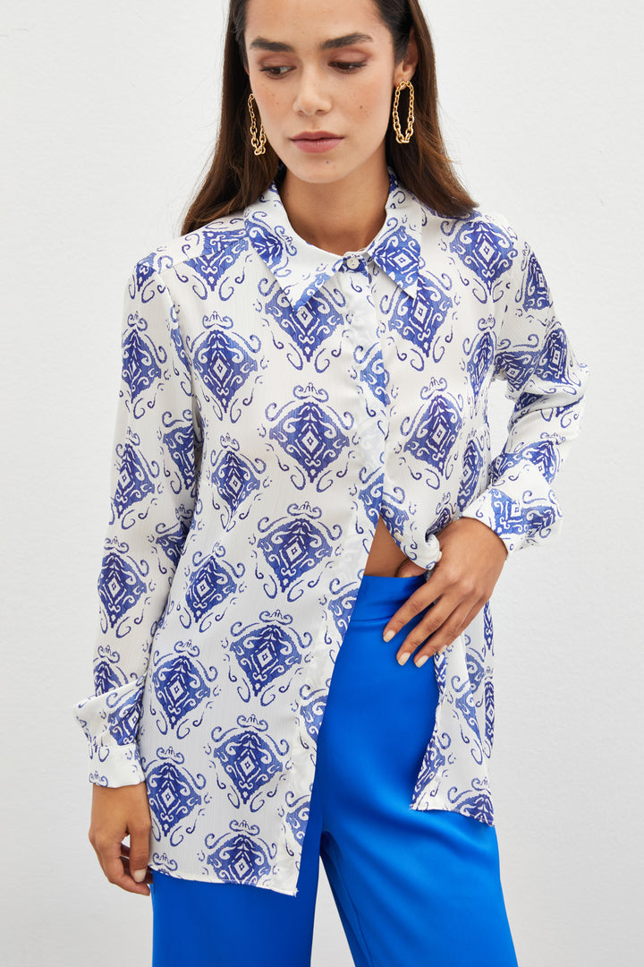 Sateen Chemise unie à motifs - sax Bleu