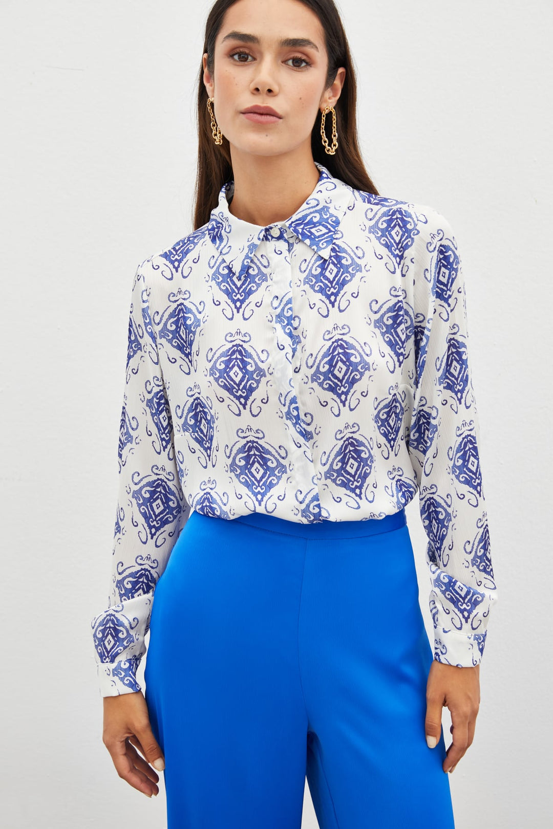 Sateen Chemise unie à motifs - sax Bleu
