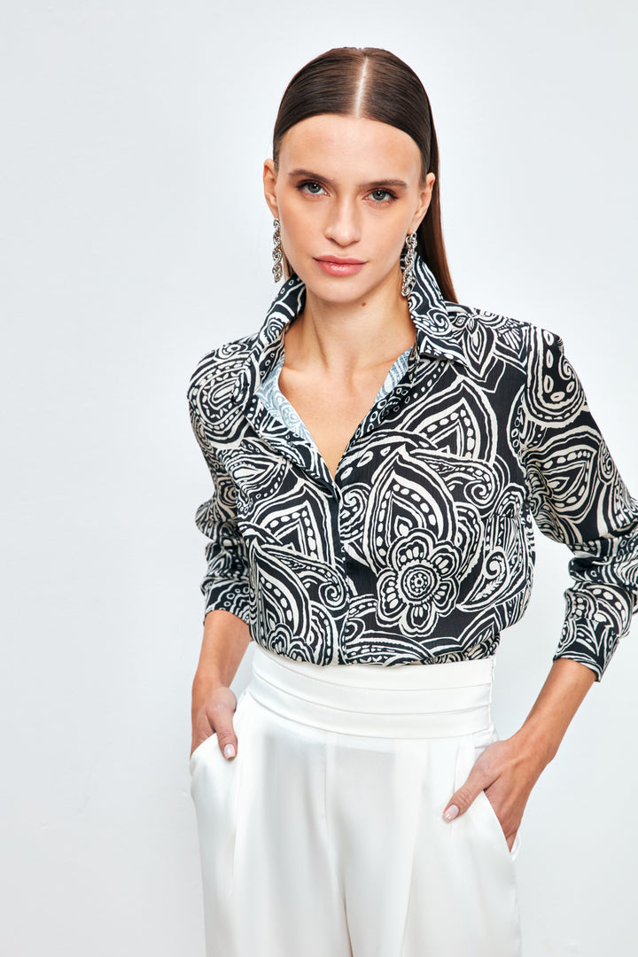 Sateen Chemise unie à motifs - Noir