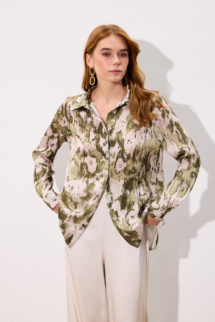 Sateen Chemise à coupe droite imprimée - Kaki