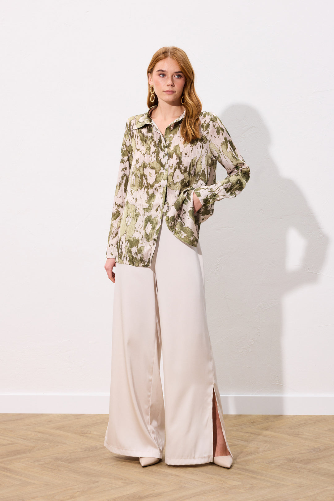 Sateen Chemise à coupe droite imprimée - Kaki
