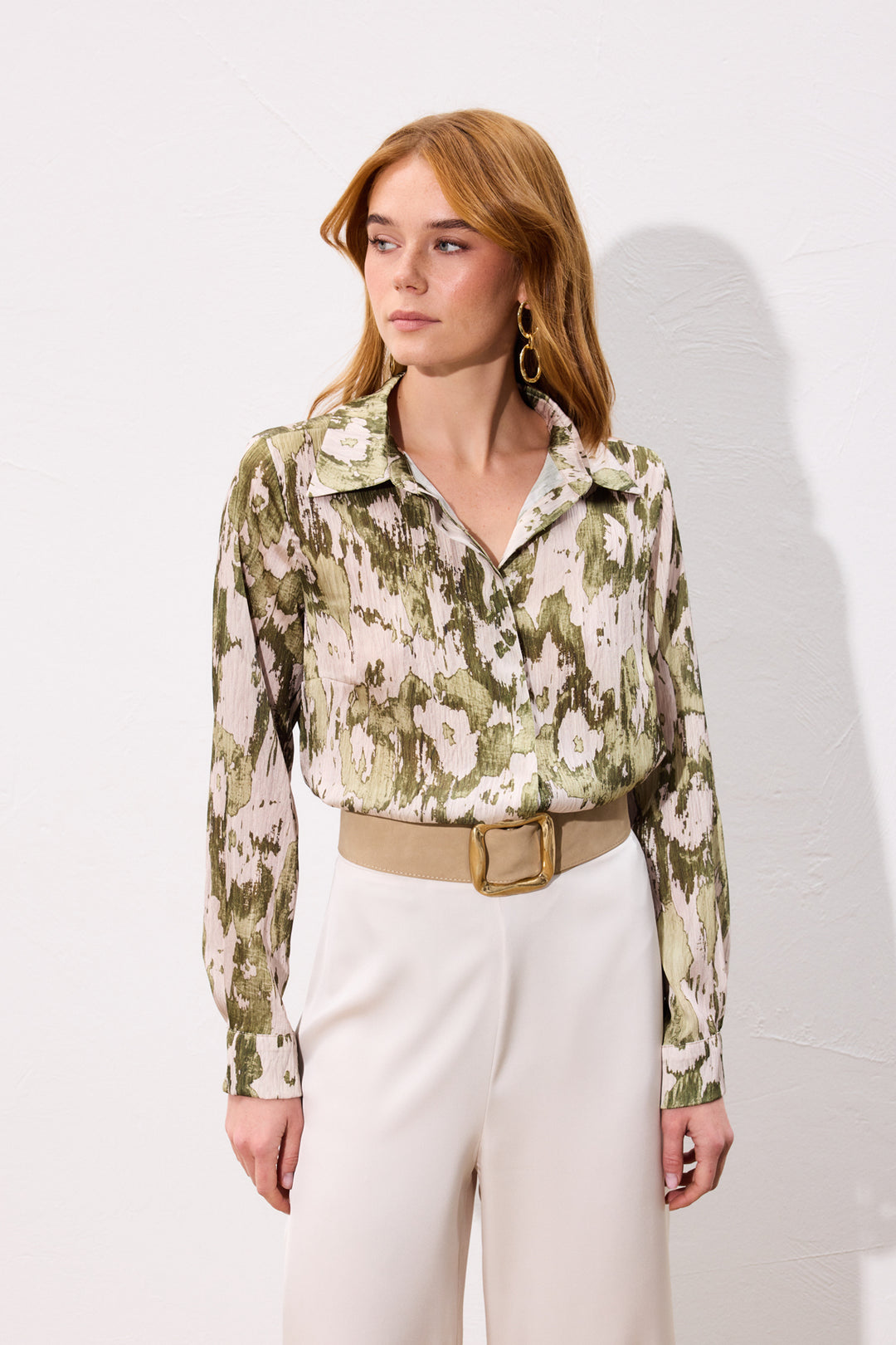 Sateen Chemise à coupe droite imprimée - Kaki