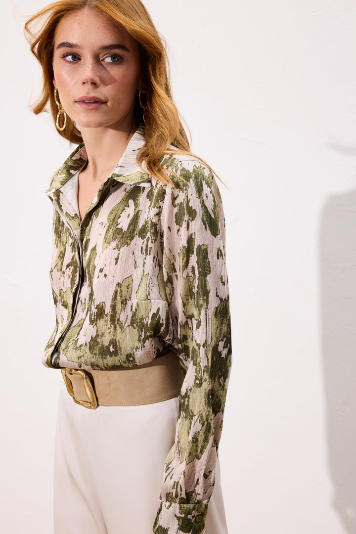 Sateen Chemise à coupe droite imprimée - Kaki