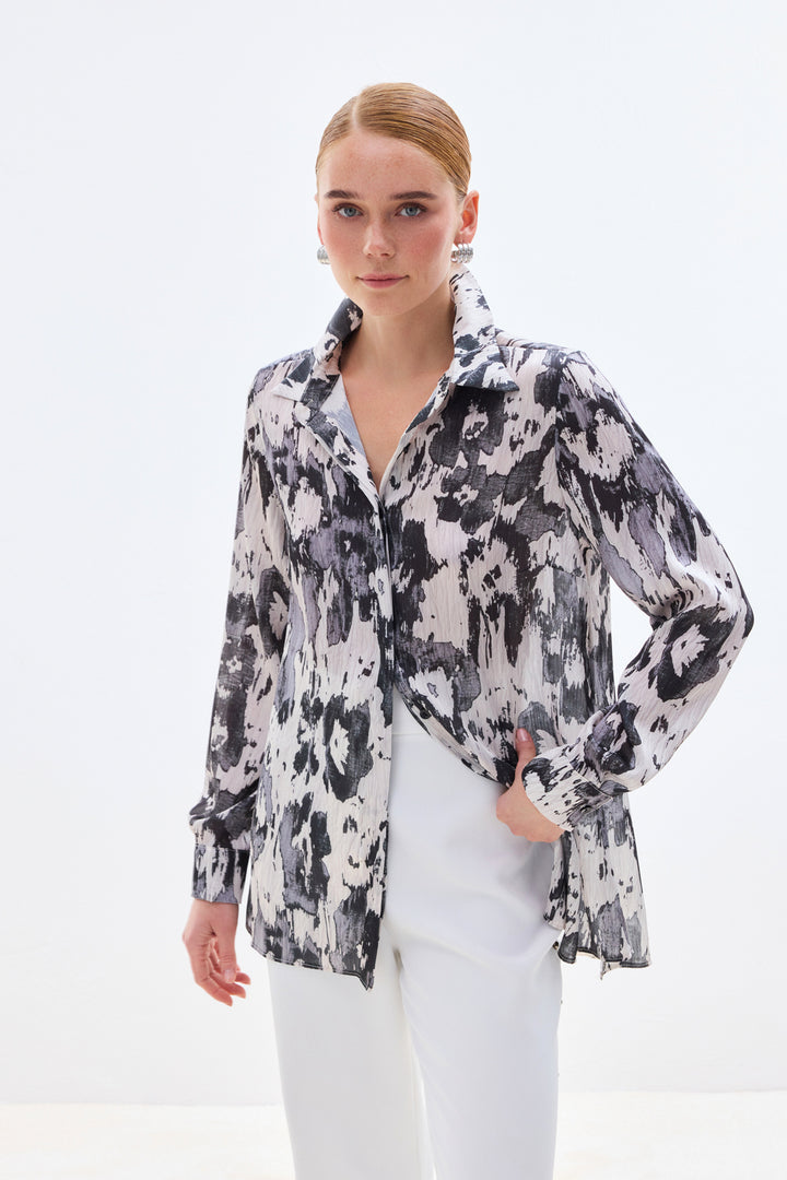 Sateen Chemise à coupe droite imprimée - Noir