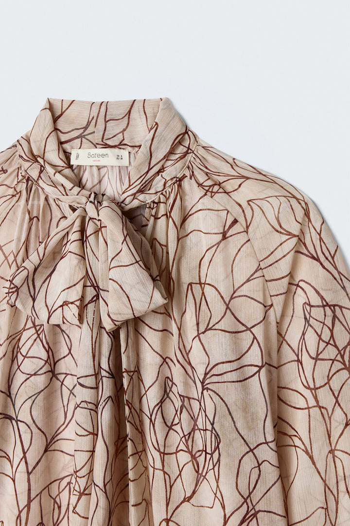 Sateen Blouse avec foulard imprimé - Marron